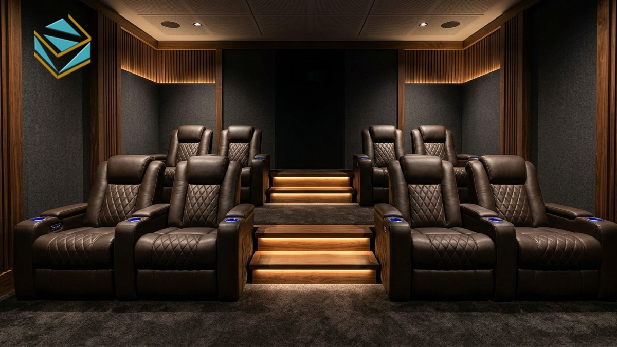 Khu vực ghế sofa recliner rạp chiếu phim VIP bục sàn giật cấp ốp gỗ âm LED