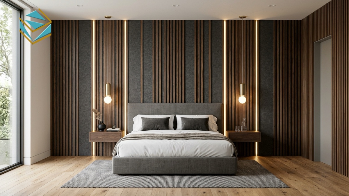Khu vực giường ngủ master bọc nệm nỉ cao cấp và vách ốp đầu giường nẹp inox