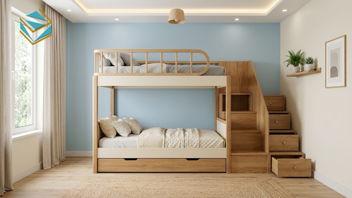 Khu vực giường tầng thông minh kết hợp cầu thang hộp chứa đồ tiện ích