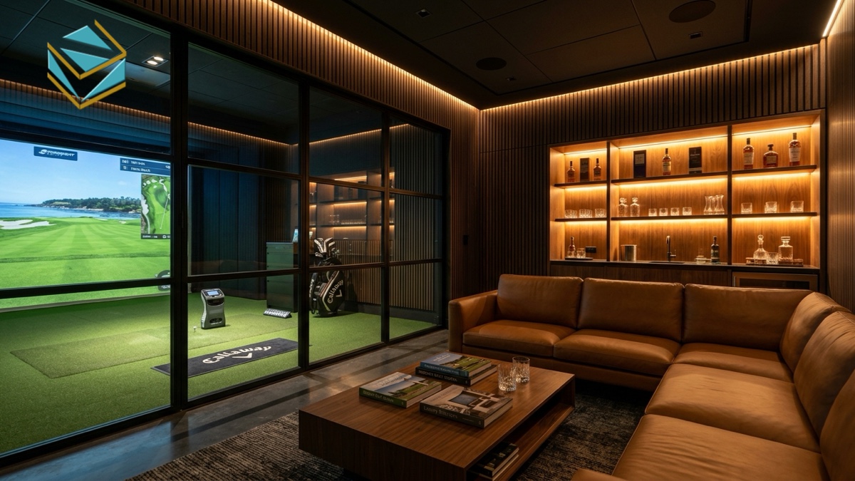 Khu vực lounge thư giãn và quan sát phòng golf 3D ghế sofa da cao cấp