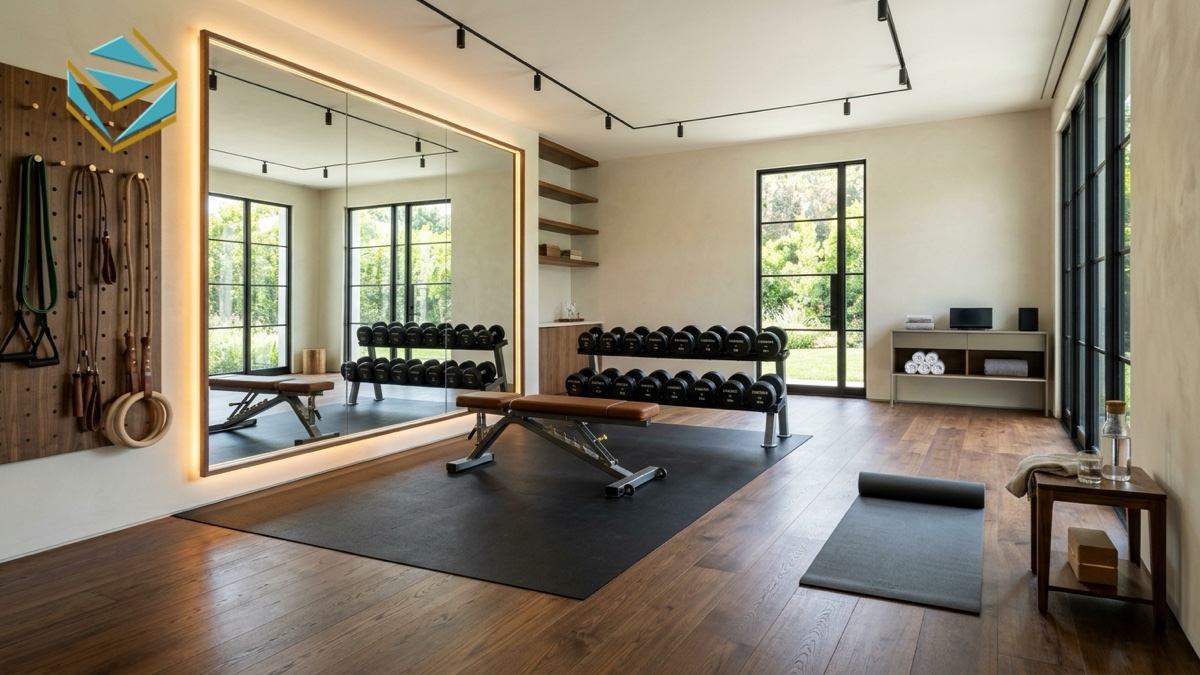 Khu vực tập tạ và yoga phòng gym gia đình sàn cao su giảm chấn