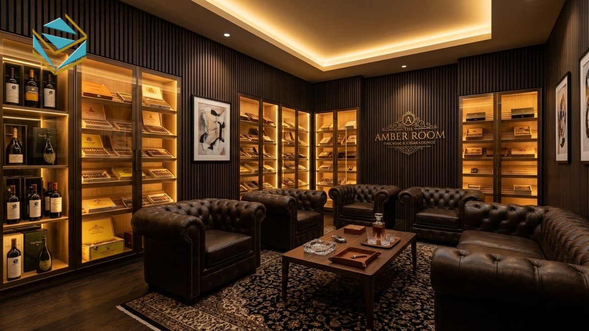 Khu vực thưởng rượu và hút xì gà VIP ghế da Chesterfield sang trọng