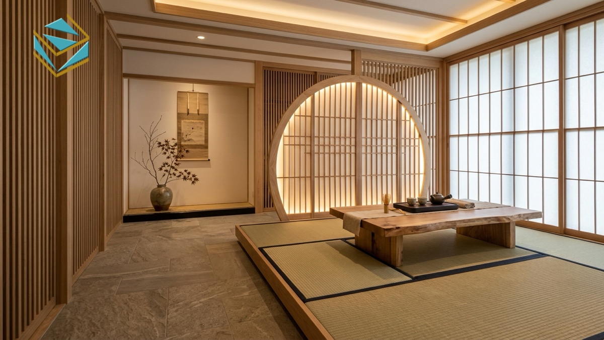 khu vực thưởng trà vip bục tatami nguyệt môn đèn led sang trọng