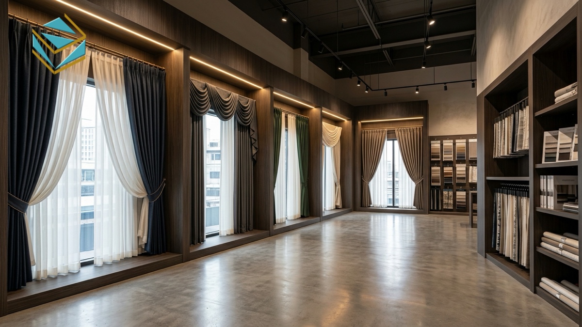 Mẫu gian hàng mockup rèm cửa sổ cao cấp