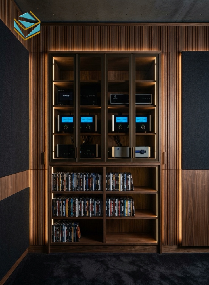 Chi tiết tủ kệ thiết bị âm thanh AV Rack kịch trần cánh kính âm đèn LED