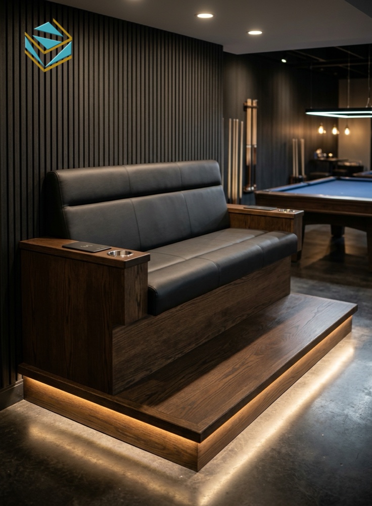 Chi tiết bục ghế sofa ngồi chờ cho cơ thủ tích hợp đèn LED bậc thang