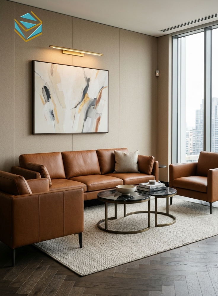 Chi tiết khu vực sofa da cao cấp tiếp khách VIP và bàn trà đôi mặt đá