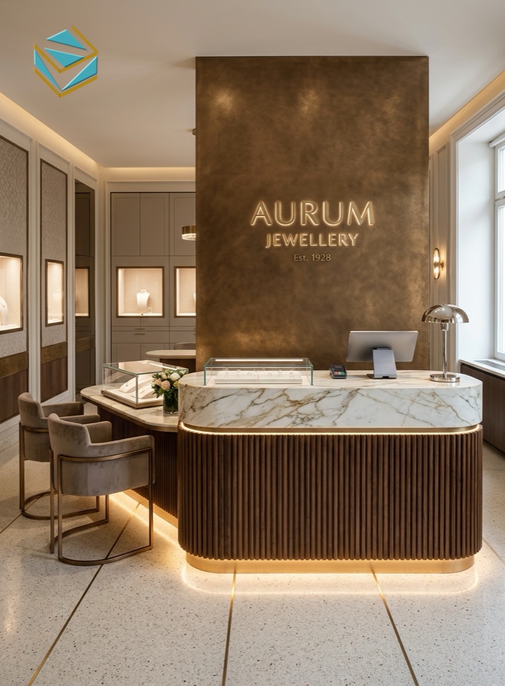 Chi tiết quầy thu ngân và bàn tư vấn VIP tiệm vàng ốp lam sóng mặt đá