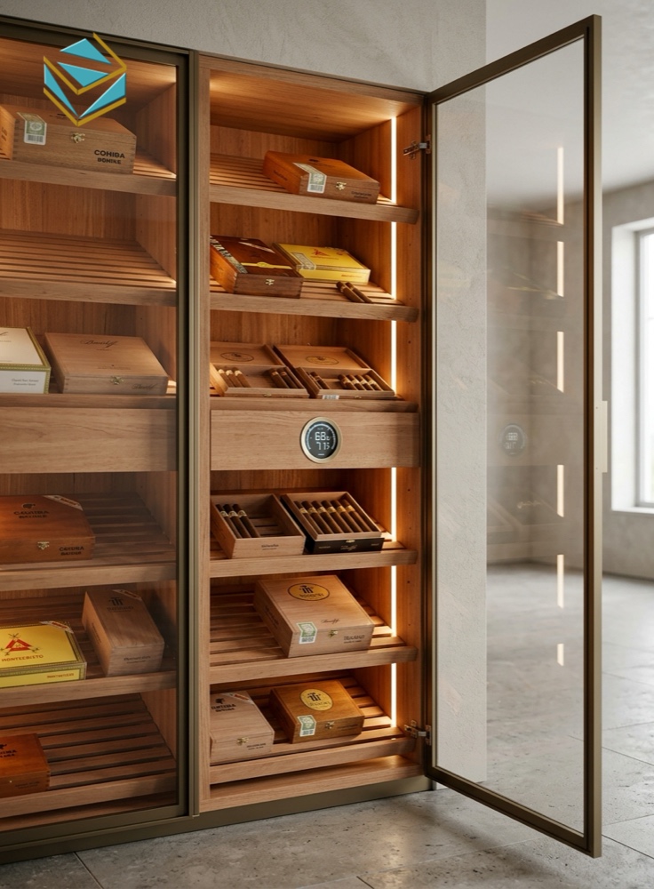 Chi tiết tủ humidor bảo quản xì gà gỗ tuyết tùng cánh kính âm đèn LED