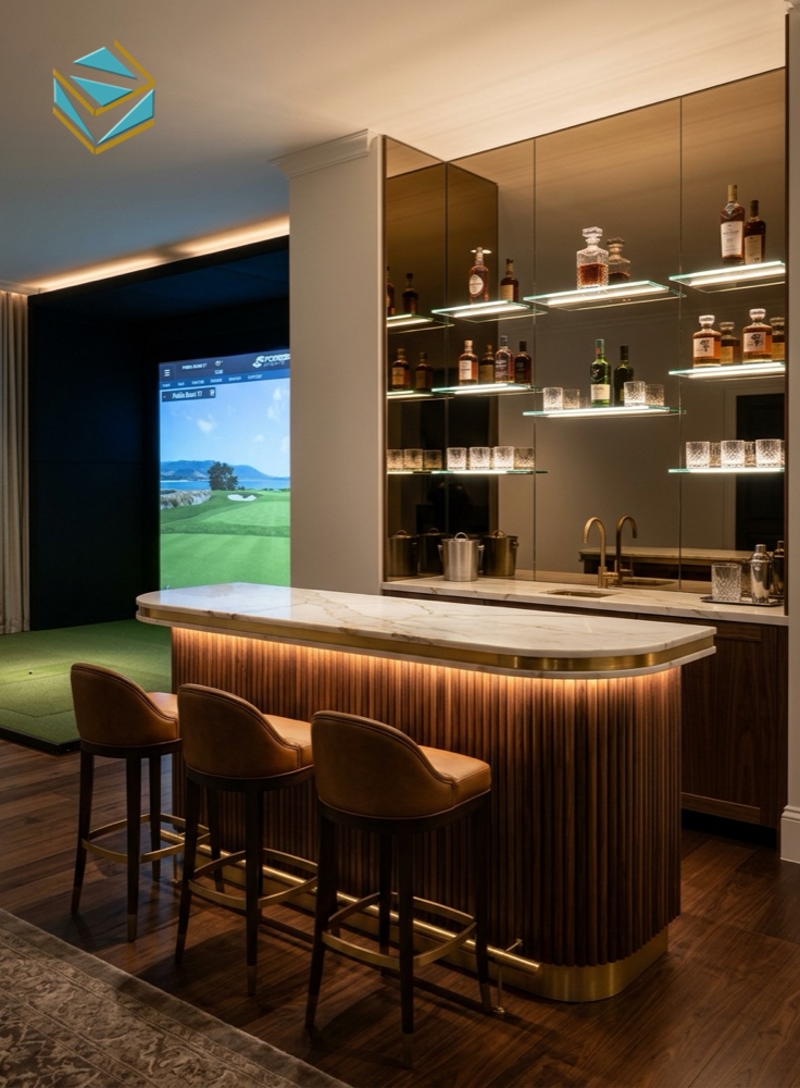 Chi tiết quầy bar mini phòng golf 3D ốp nan gỗ lam sóng mặt đá