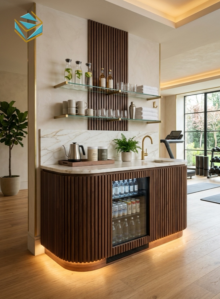 Chi tiết quầy bar nước ép và protein shake phòng gym ốp nan lam sóng