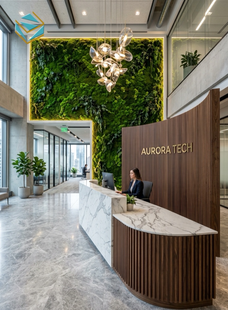 Chi tiết quầy lễ tân và bàn tư vấn showroom